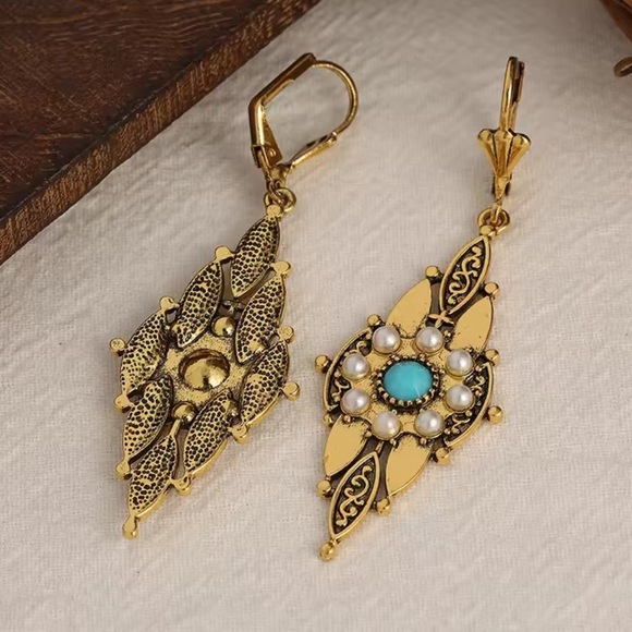 Victorian Gold Filigree Drop Earrings with Turquoise & Pearl Accents - Picture 4 of 5